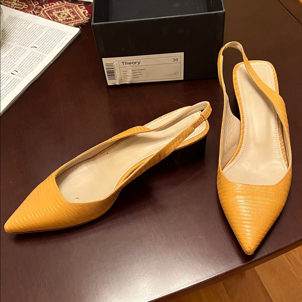 Theory Mustard Yellow Pointed-Toe Slingback Low Block Heel Shoes